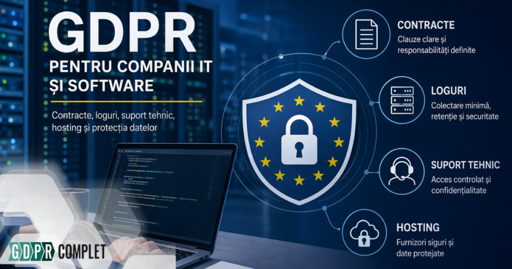 GDPR pentru companii IT și software, cu simboluri pentru protecția datelor, contracte, loguri, suport tehnic și hosting securizat.