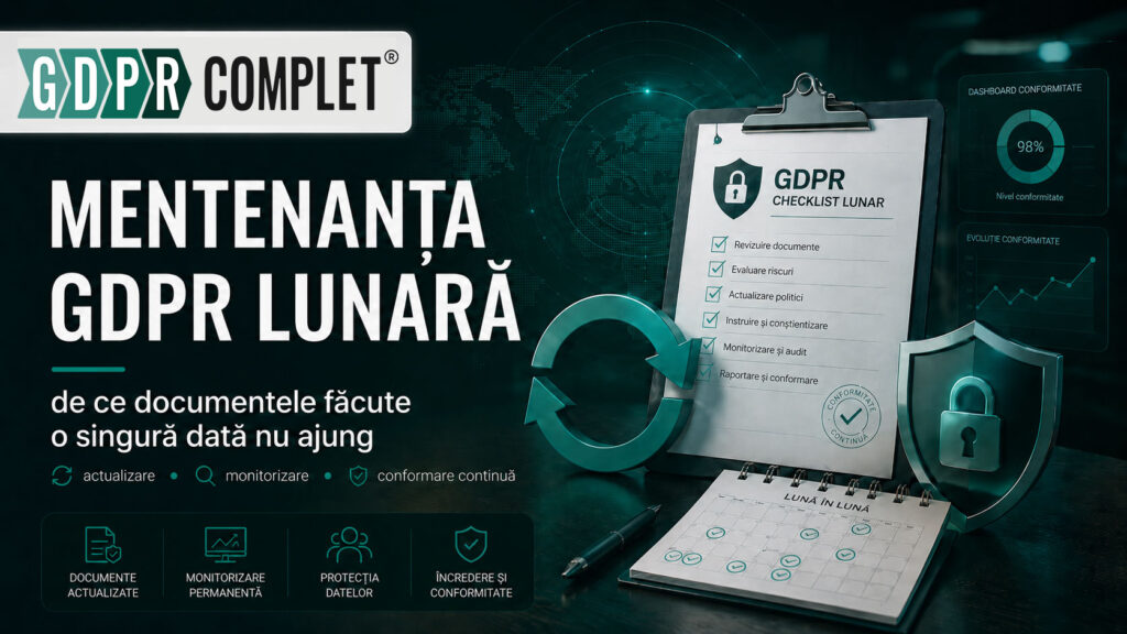Mentenanță GDPR lunară cu logo GDPR Complet și elemente de conformitate